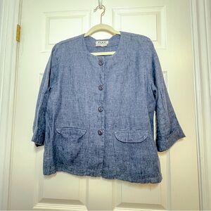 Flax Blue Gray Button 100% Linen Blazer Collarless Design Size Small